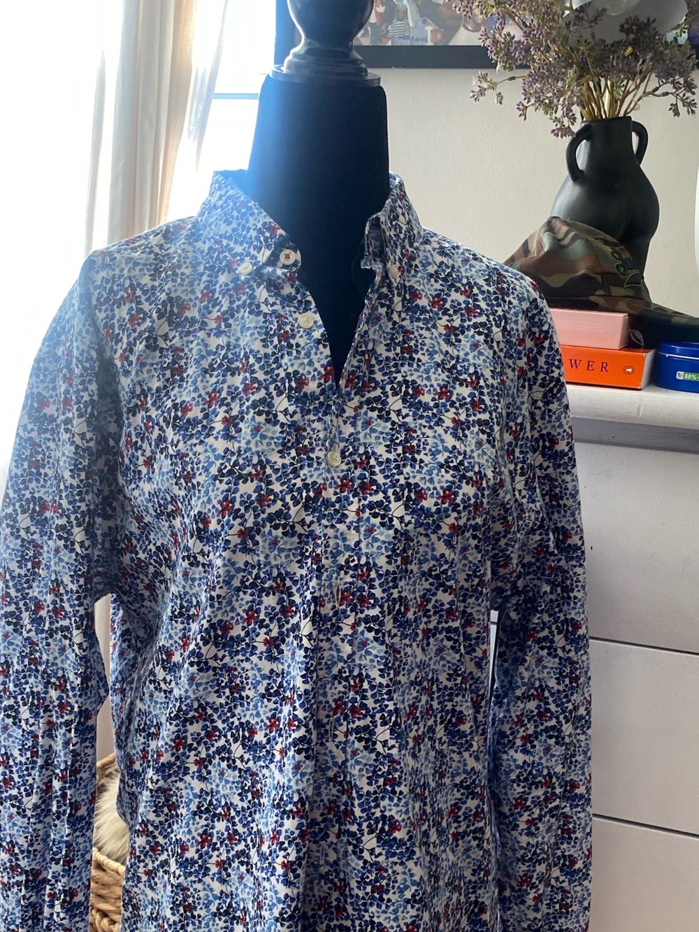 Zara Men's Floral Button-Down Shirt - Blue, White & Red